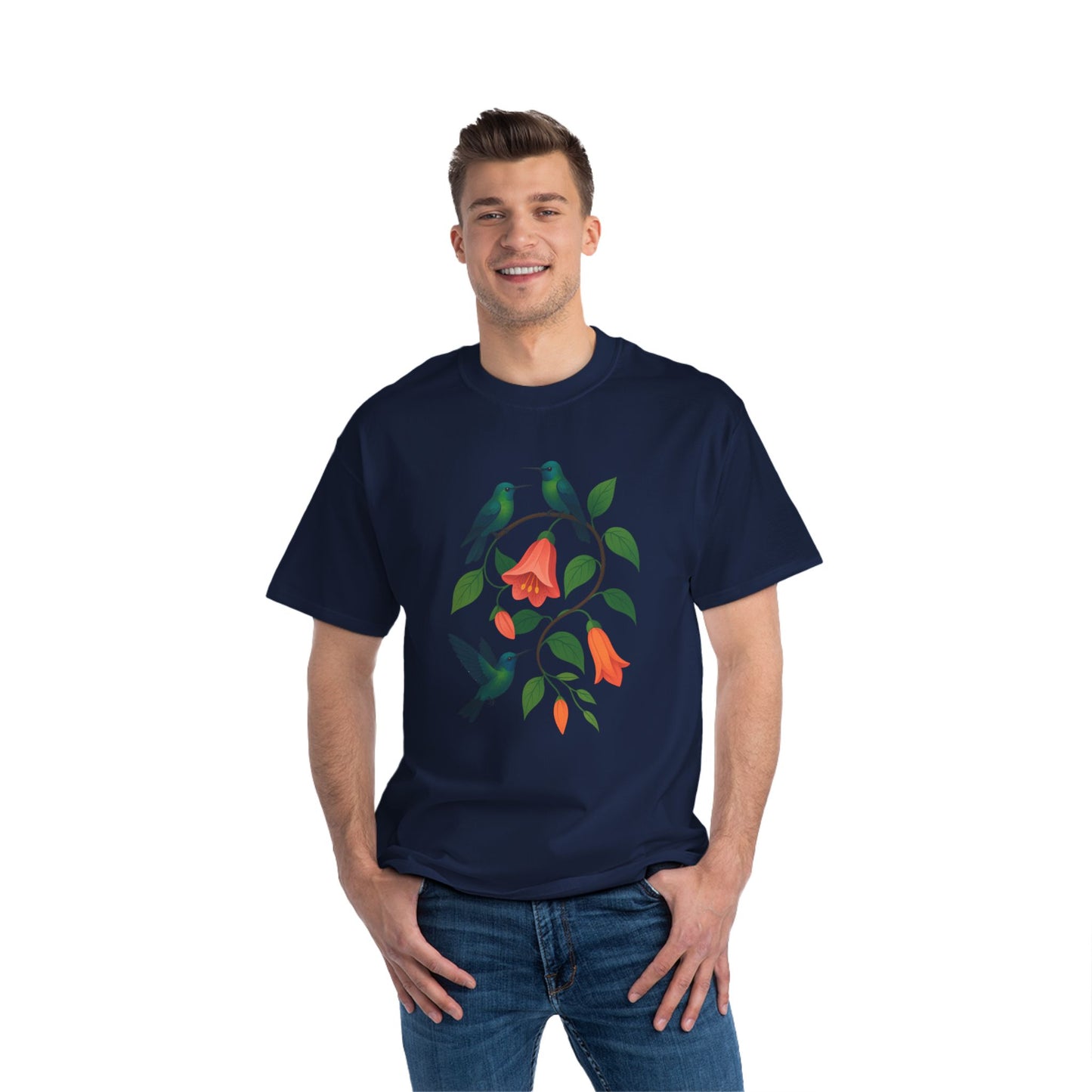 Floral Hummingbird Tee, Short-Sleeve T-Shirt, Nature Lover Gift, Floral Graphic Shirt, Summer Style, Eco-Friendly Fashion