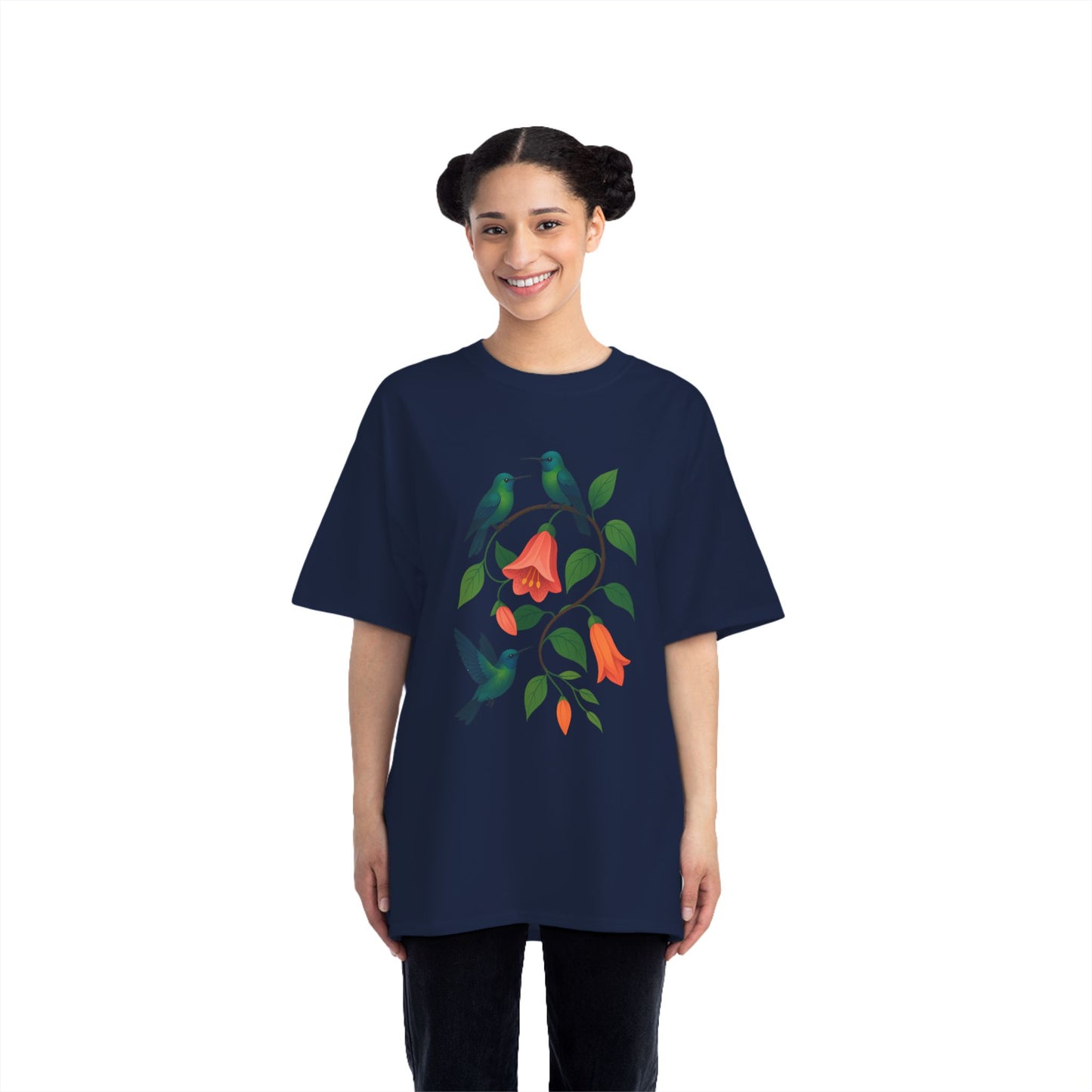 Floral Hummingbird Tee, Short-Sleeve T-Shirt, Nature Lover Gift, Floral Graphic Shirt, Summer Style, Eco-Friendly Fashion
