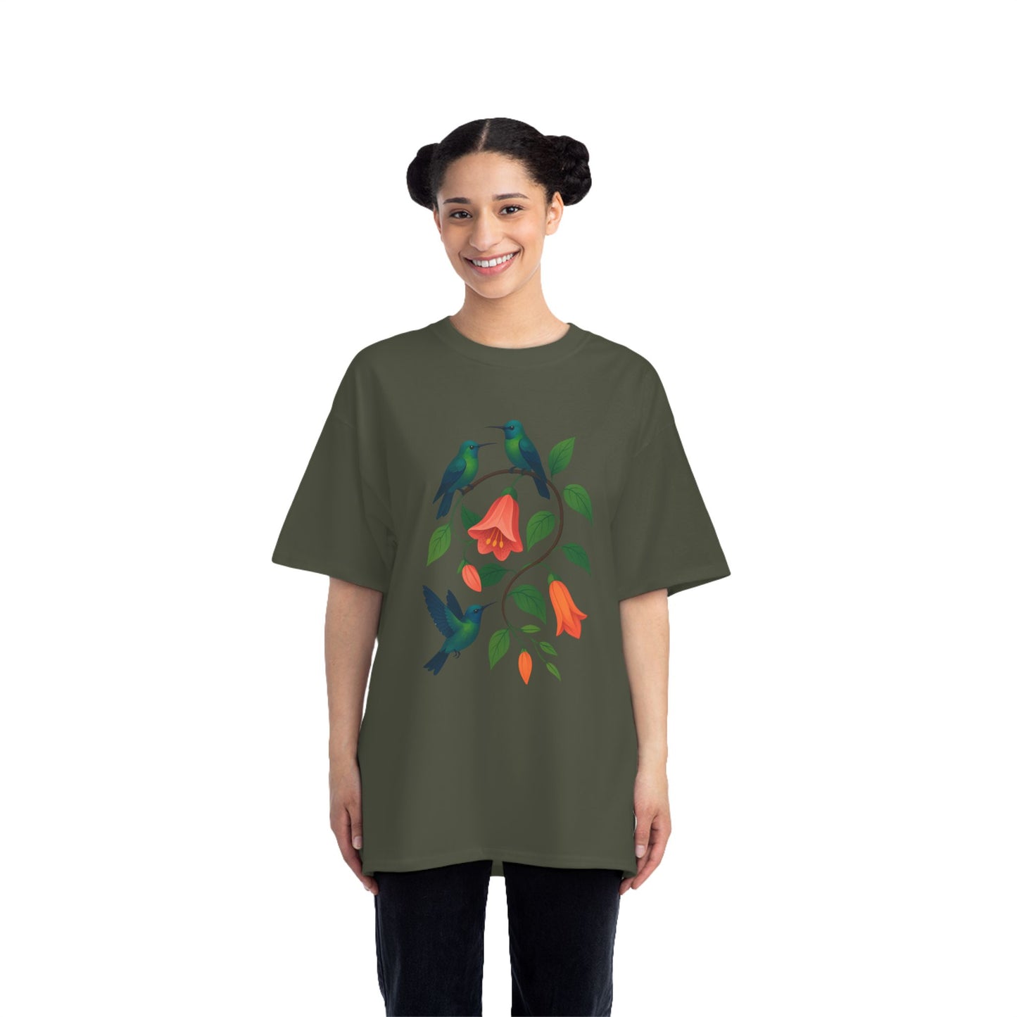 Floral Hummingbird Tee, Short-Sleeve T-Shirt, Nature Lover Gift, Floral Graphic Shirt, Summer Style, Eco-Friendly Fashion