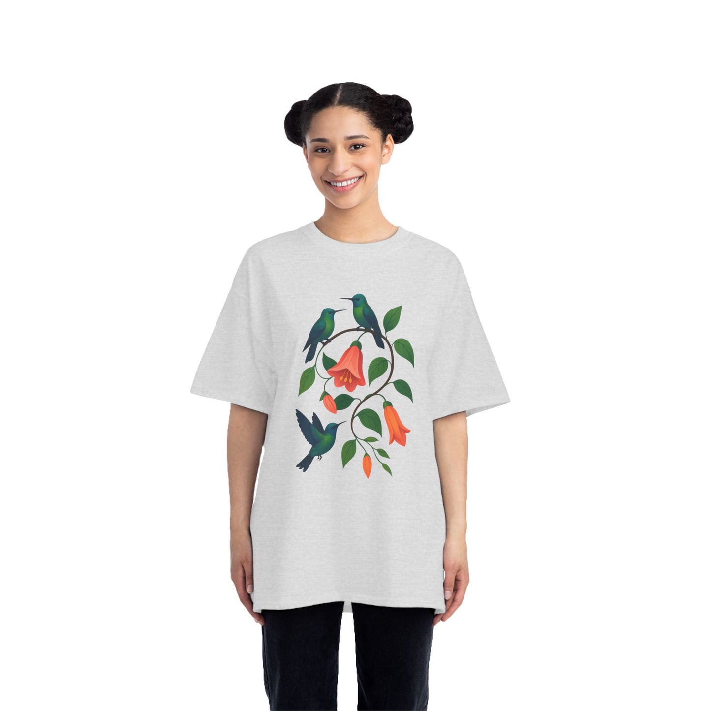 Floral Hummingbird Tee, Short-Sleeve T-Shirt, Nature Lover Gift, Floral Graphic Shirt, Summer Style, Eco-Friendly Fashion
