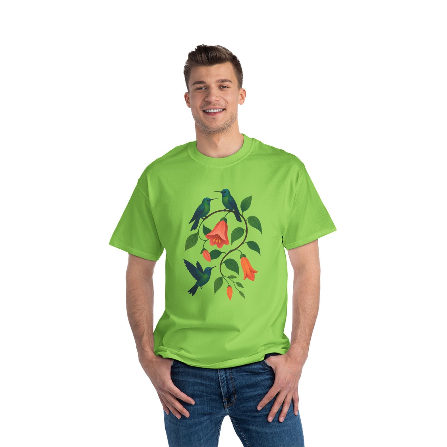 Floral Hummingbird Tee, Short-Sleeve T-Shirt, Nature Lover Gift, Floral Graphic Shirt, Summer Style, Eco-Friendly Fashion