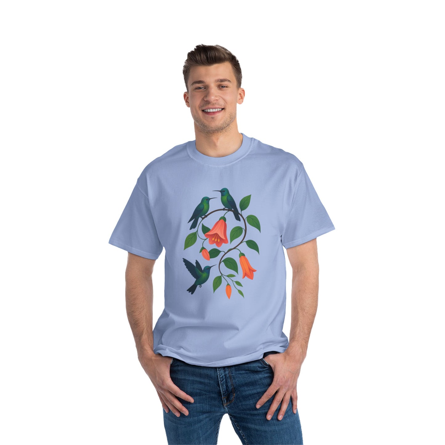Floral Hummingbird Tee, Short-Sleeve T-Shirt, Nature Lover Gift, Floral Graphic Shirt, Summer Style, Eco-Friendly Fashion