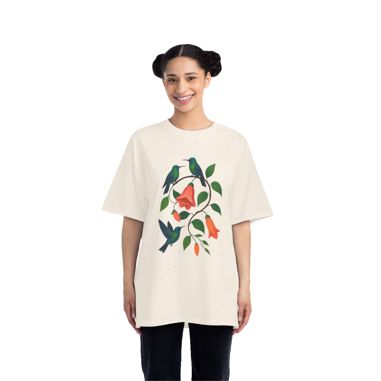 Floral Hummingbird Tee, Short-Sleeve T-Shirt, Nature Lover Gift, Floral Graphic Shirt, Summer Style, Eco-Friendly Fashion