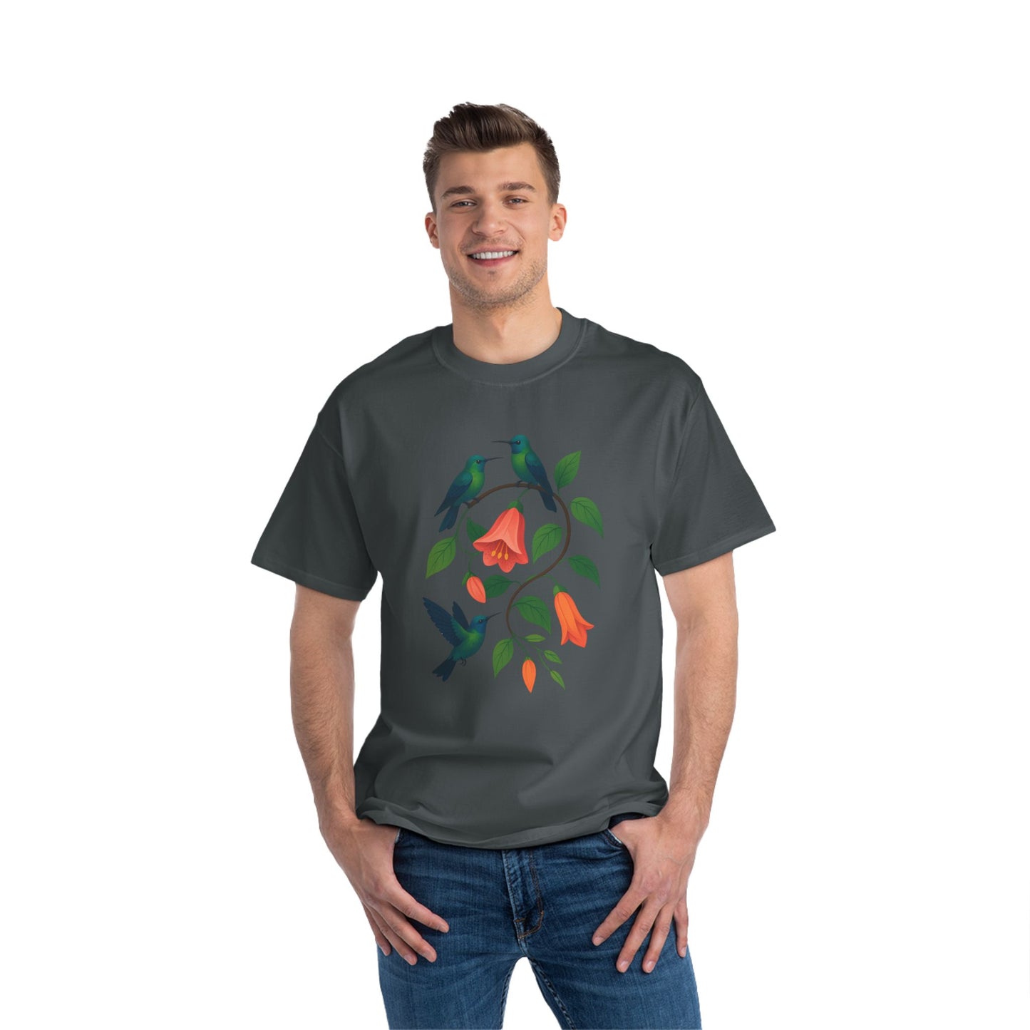 Floral Hummingbird Tee, Short-Sleeve T-Shirt, Nature Lover Gift, Floral Graphic Shirt, Summer Style, Eco-Friendly Fashion