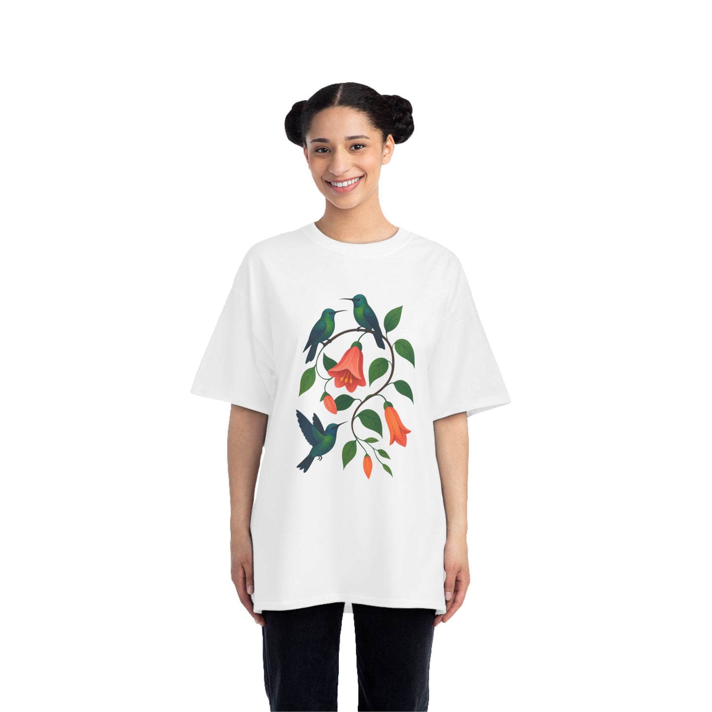 Floral Hummingbird Tee, Short-Sleeve T-Shirt, Nature Lover Gift, Floral Graphic Shirt, Summer Style, Eco-Friendly Fashion