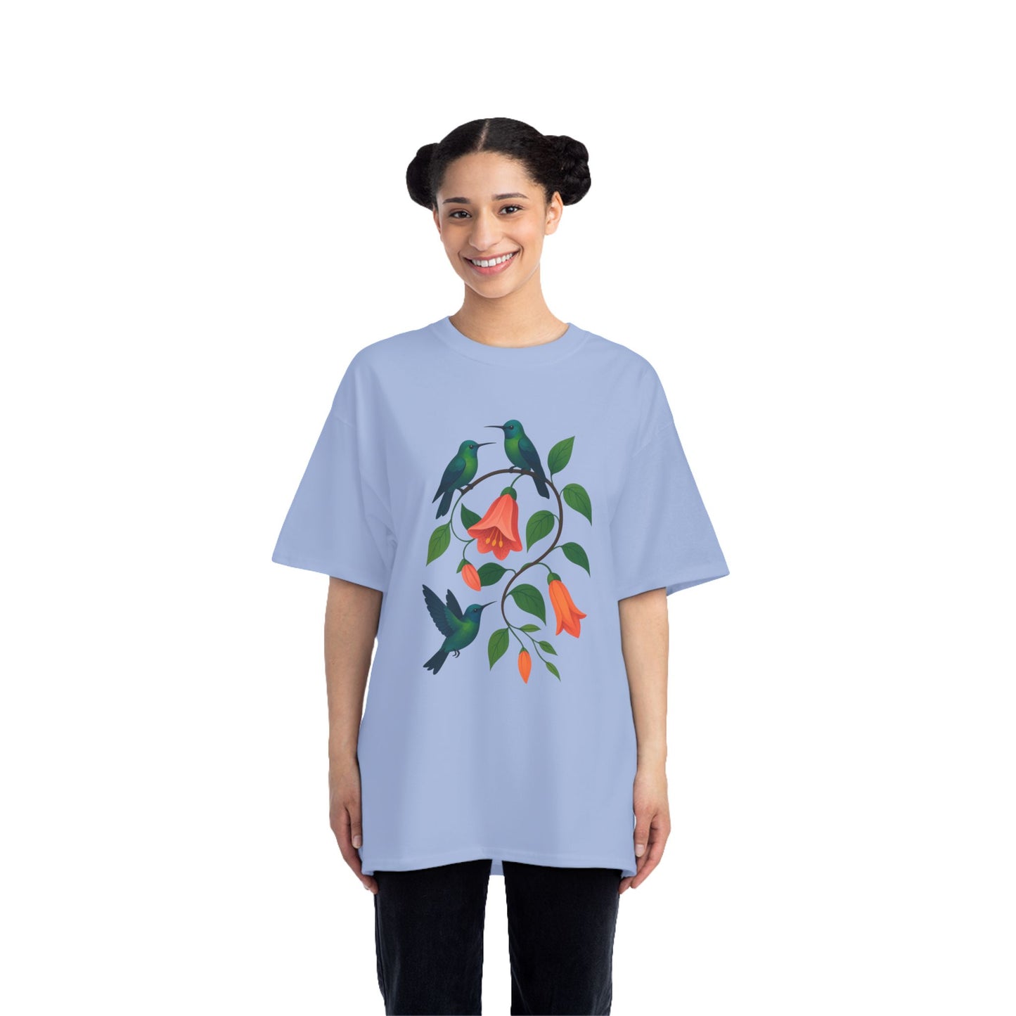 Floral Hummingbird Tee, Short-Sleeve T-Shirt, Nature Lover Gift, Floral Graphic Shirt, Summer Style, Eco-Friendly Fashion