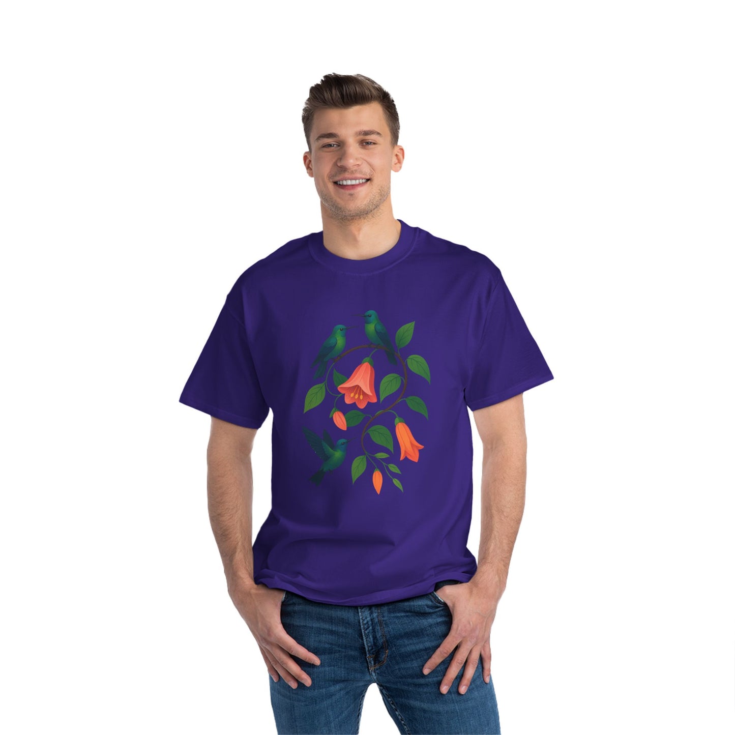 Floral Hummingbird Tee, Short-Sleeve T-Shirt, Nature Lover Gift, Floral Graphic Shirt, Summer Style, Eco-Friendly Fashion