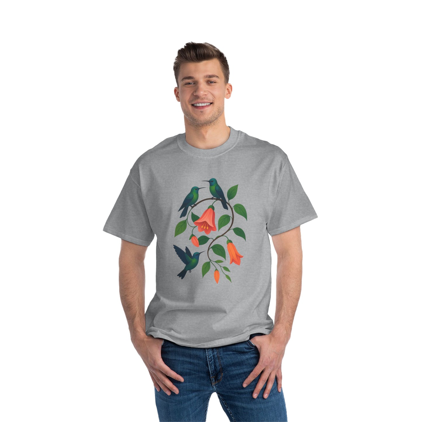 Floral Hummingbird Tee, Short-Sleeve T-Shirt, Nature Lover Gift, Floral Graphic Shirt, Summer Style, Eco-Friendly Fashion