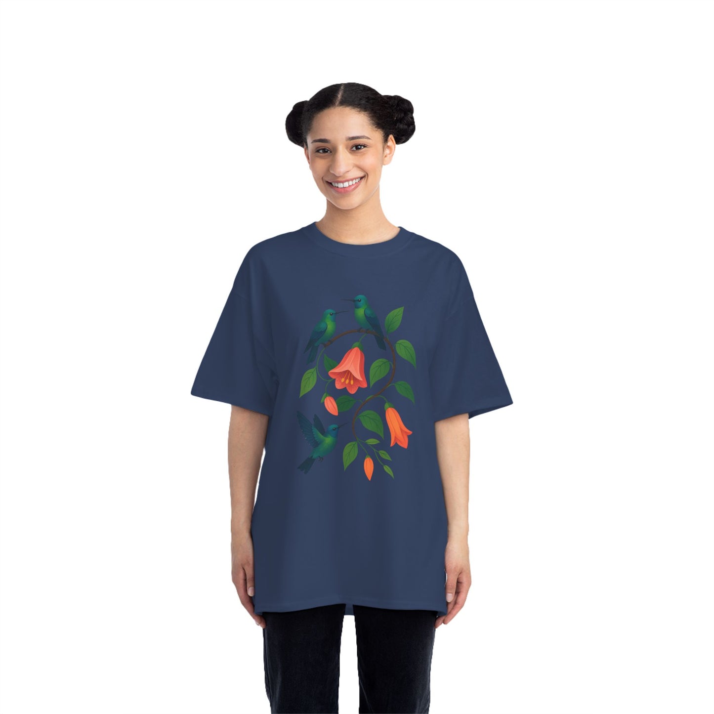Floral Hummingbird Tee, Short-Sleeve T-Shirt, Nature Lover Gift, Floral Graphic Shirt, Summer Style, Eco-Friendly Fashion