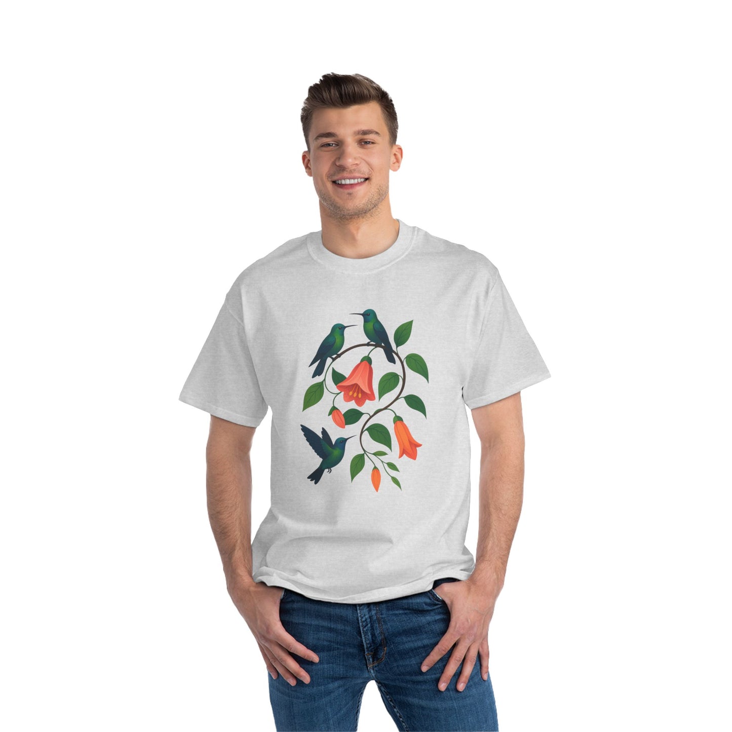 Floral Hummingbird Tee, Short-Sleeve T-Shirt, Nature Lover Gift, Floral Graphic Shirt, Summer Style, Eco-Friendly Fashion