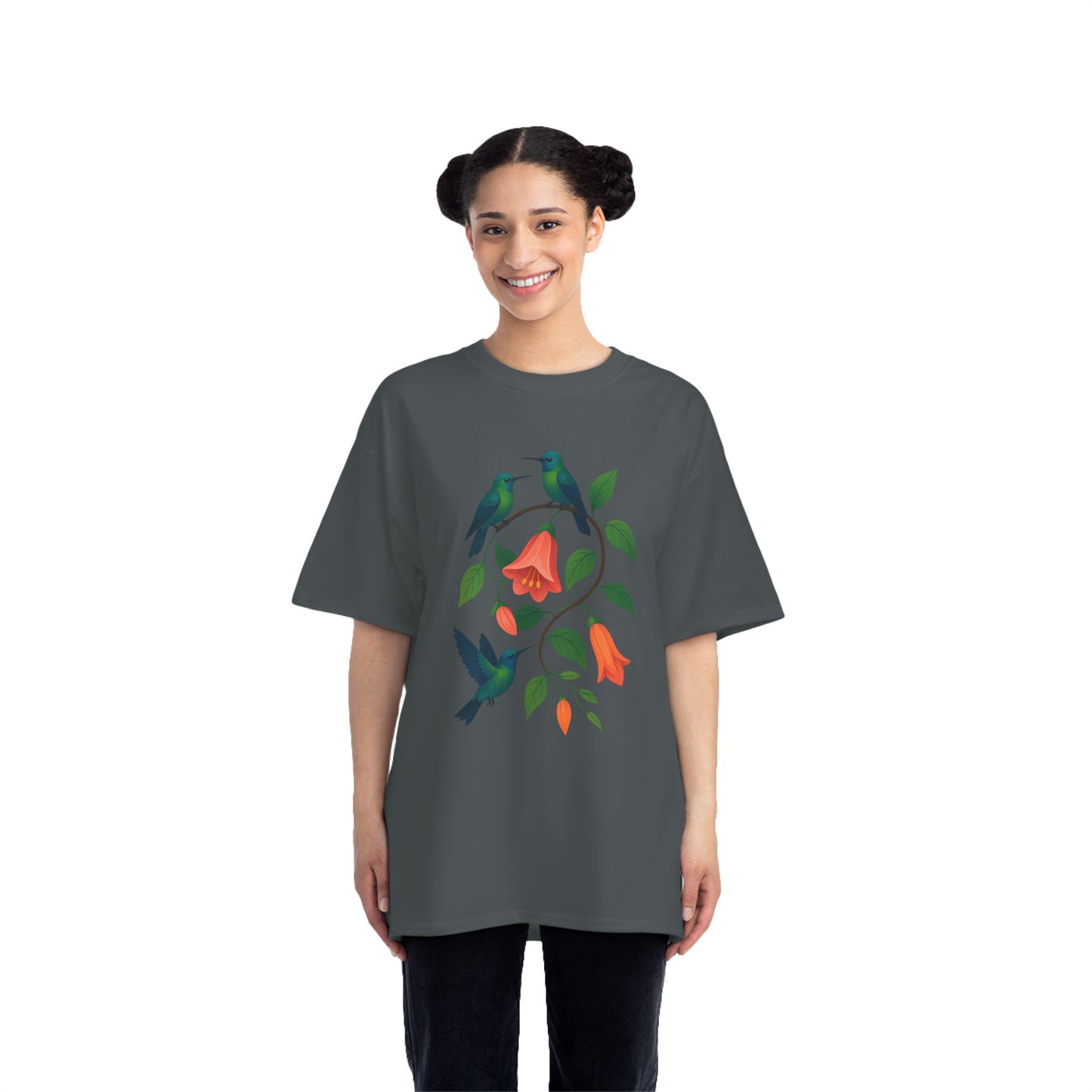 Floral Hummingbird Tee, Short-Sleeve T-Shirt, Nature Lover Gift, Floral Graphic Shirt, Summer Style, Eco-Friendly Fashion