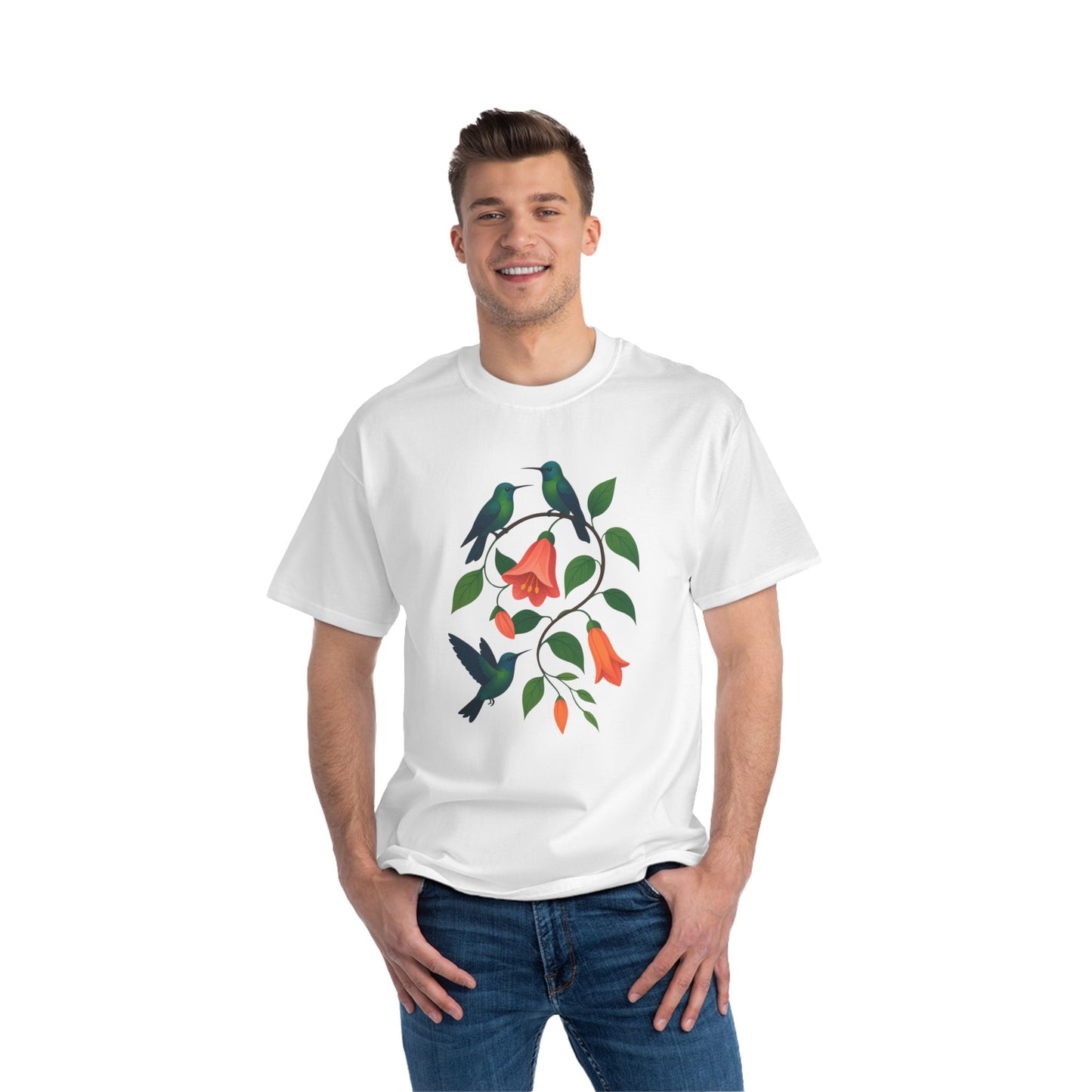 Floral Hummingbird Tee, Short-Sleeve T-Shirt, Nature Lover Gift, Floral Graphic Shirt, Summer Style, Eco-Friendly Fashion