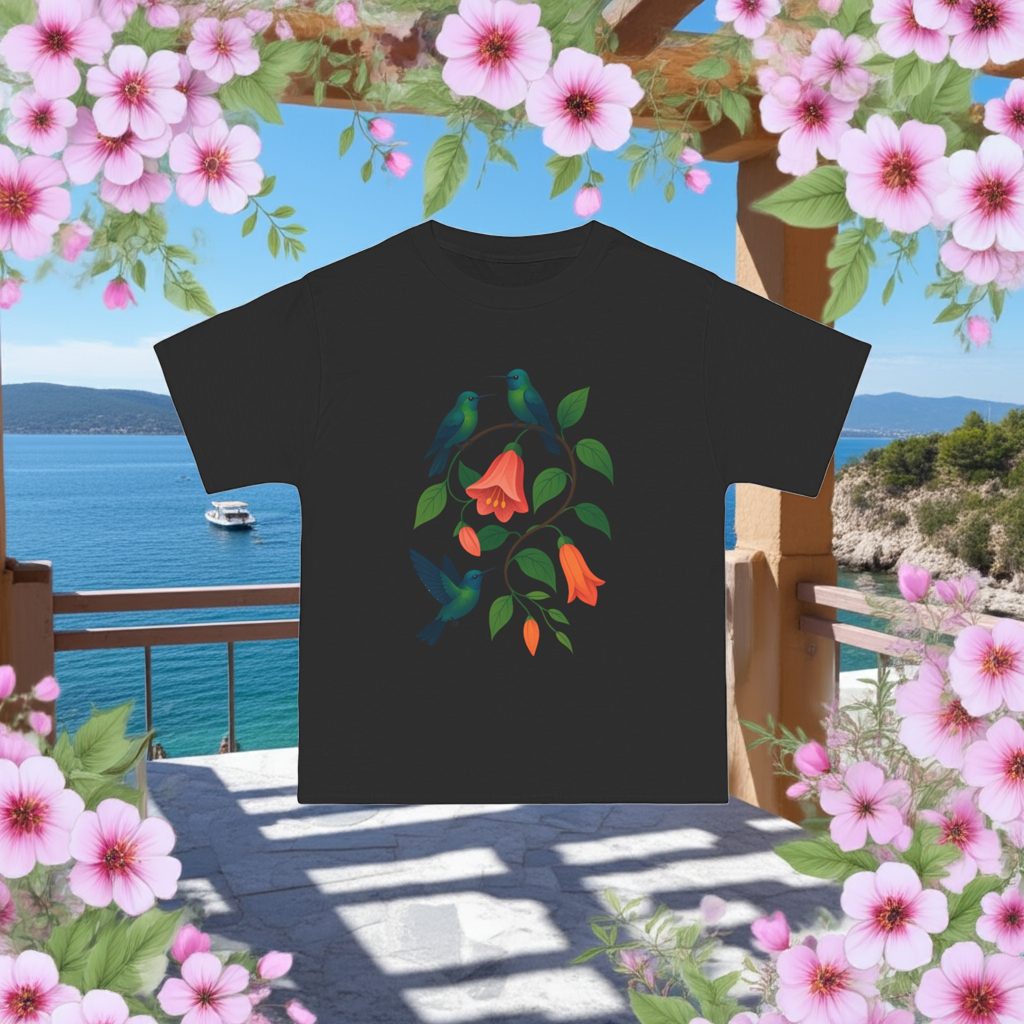 Floral Hummingbird Tee, Short-Sleeve T-Shirt, Nature Lover Gift, Floral Graphic Shirt, Summer Style, Eco-Friendly Fashion