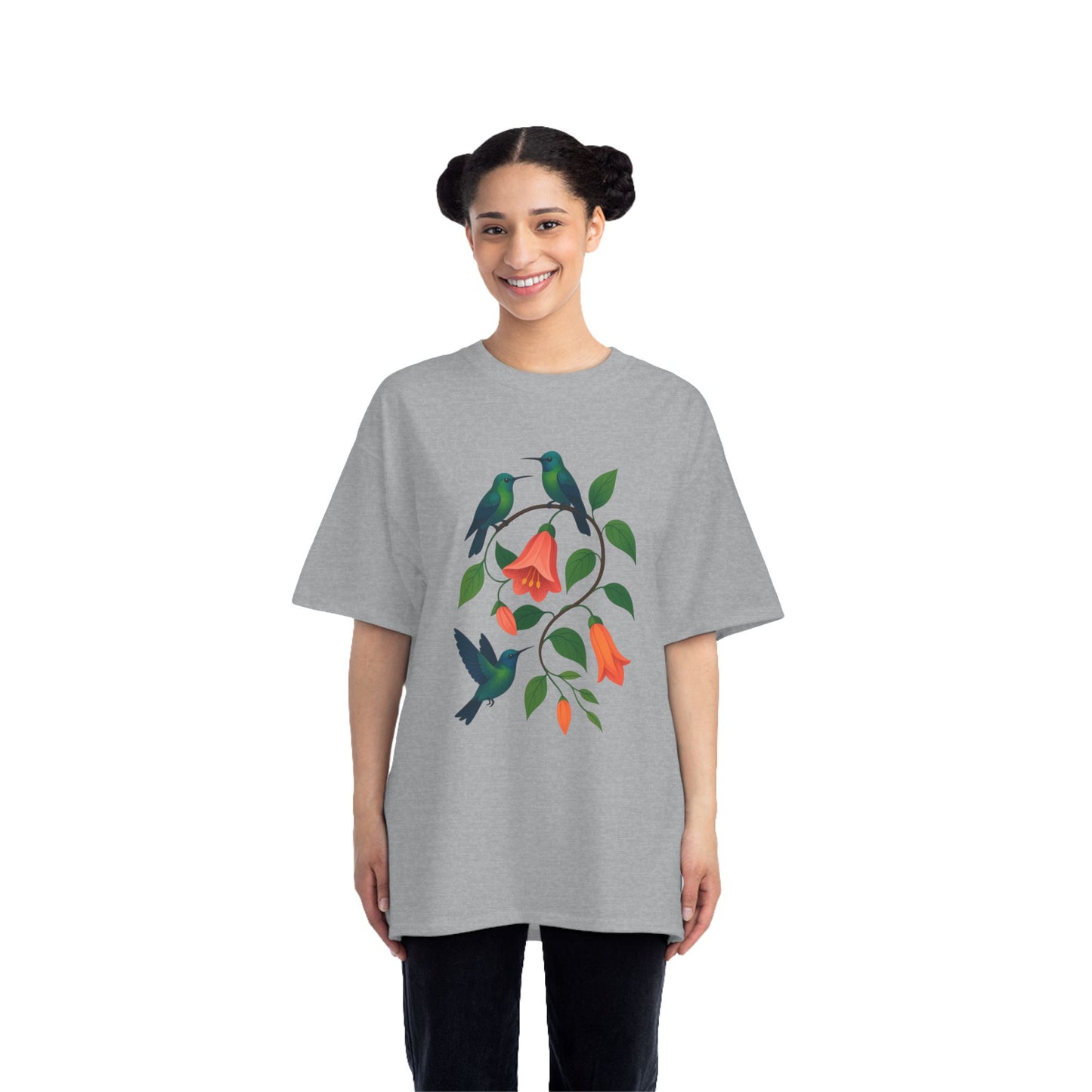 Floral Hummingbird Tee, Short-Sleeve T-Shirt, Nature Lover Gift, Floral Graphic Shirt, Summer Style, Eco-Friendly Fashion