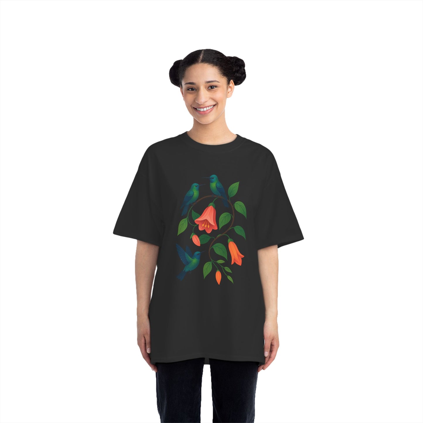 Floral Hummingbird Tee, Short-Sleeve T-Shirt, Nature Lover Gift, Floral Graphic Shirt, Summer Style, Eco-Friendly Fashion
