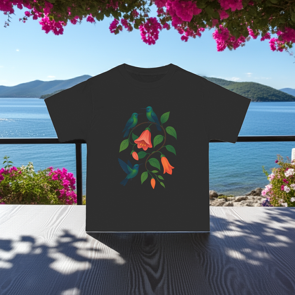 Floral Hummingbird Tee, Short-Sleeve T-Shirt, Nature Lover Gift, Floral Graphic Shirt, Summer Style, Eco-Friendly Fashion